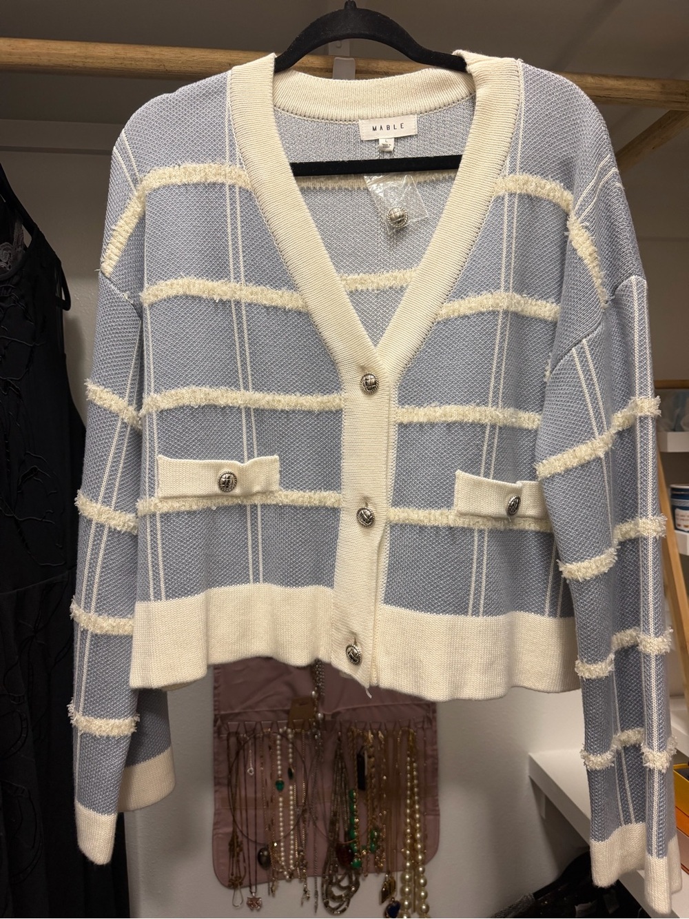MABEL Cream-Trim Blue Striped V-Neck Cardigan